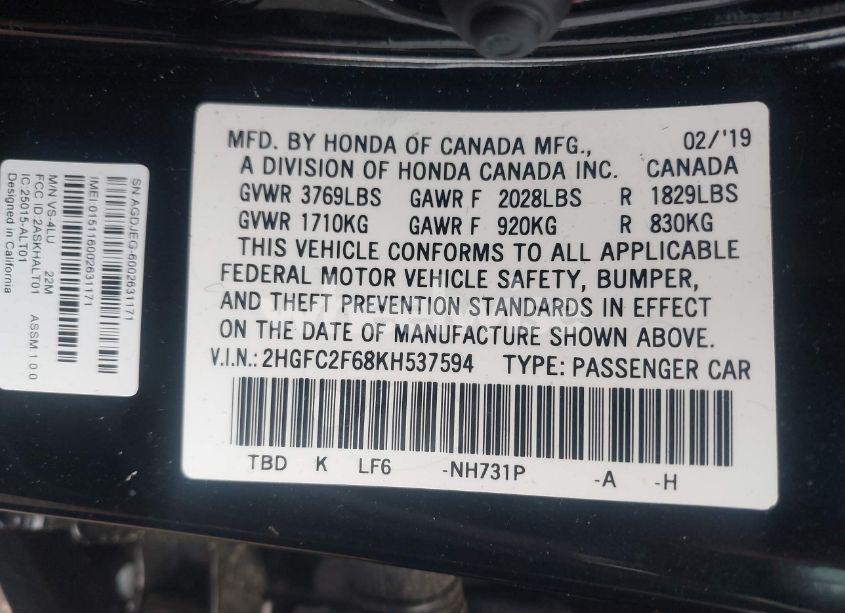 Photo 9 of 2019 Honda Civic LX (VIN 2HGFC2F68KH537594)