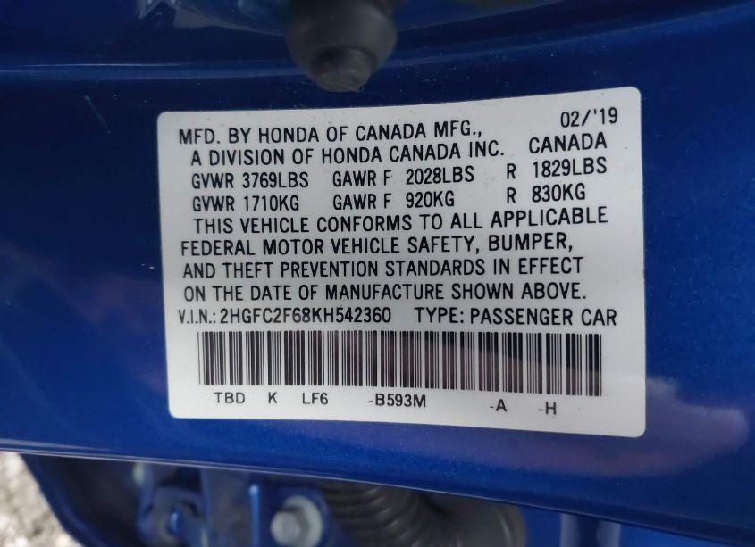 Photo 9 of 2019 Honda Civic LX (VIN 2HGFC2F68KH542360)