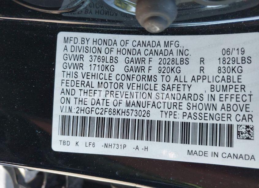 Photo 9 of 2019 Honda Civic LX (VIN 2HGFC2F68KH573026)