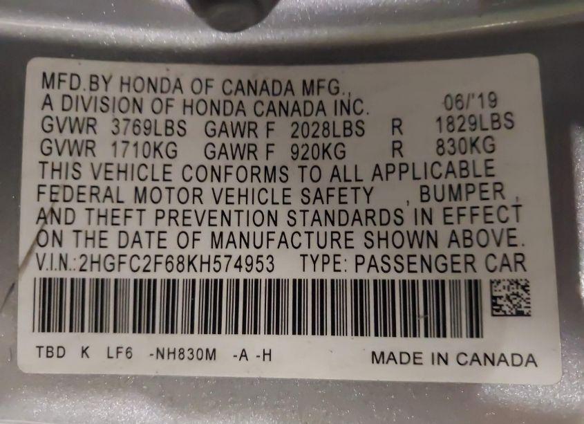 Photo 9 of 2019 Honda Civic LX (VIN 2HGFC2F68KH574953)