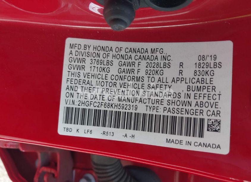 Photo 9 of 2019 Honda Civic LX (VIN 2HGFC2F68KH592319)