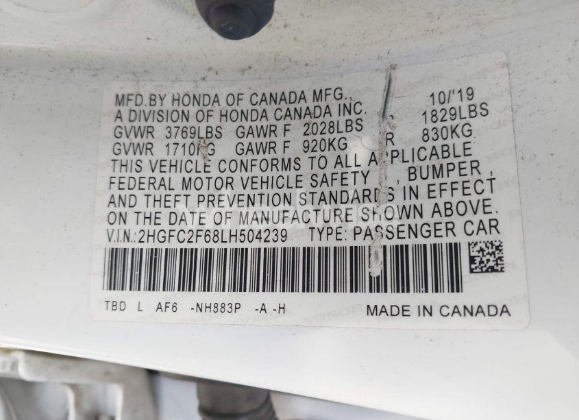 Photo 9 of 2020 Honda Civic LX (VIN 2HGFC2F68LH504239)