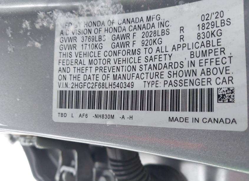 Photo 9 of 2020 Honda Civic LX (VIN 2HGFC2F68LH540349)
