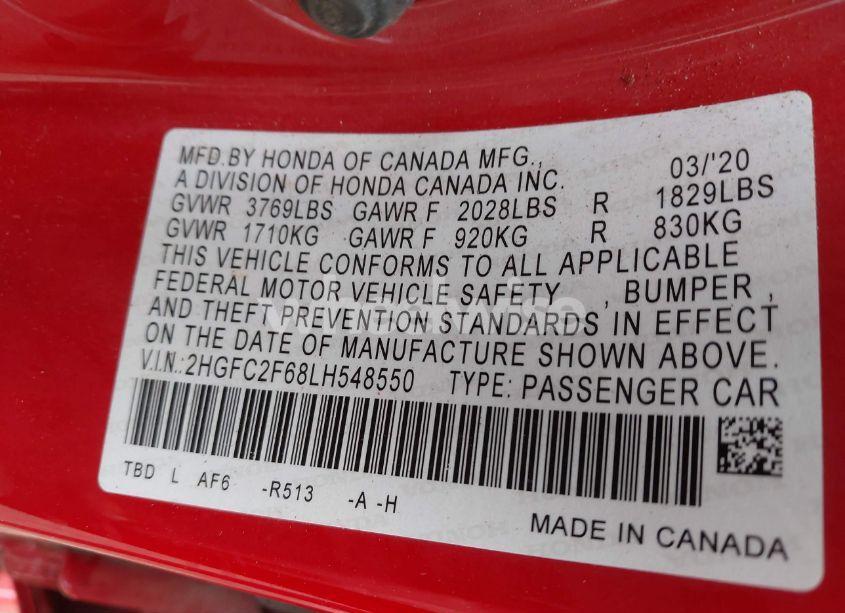 Photo 9 of 2020 Honda Civic LX (VIN 2HGFC2F68LH548550)