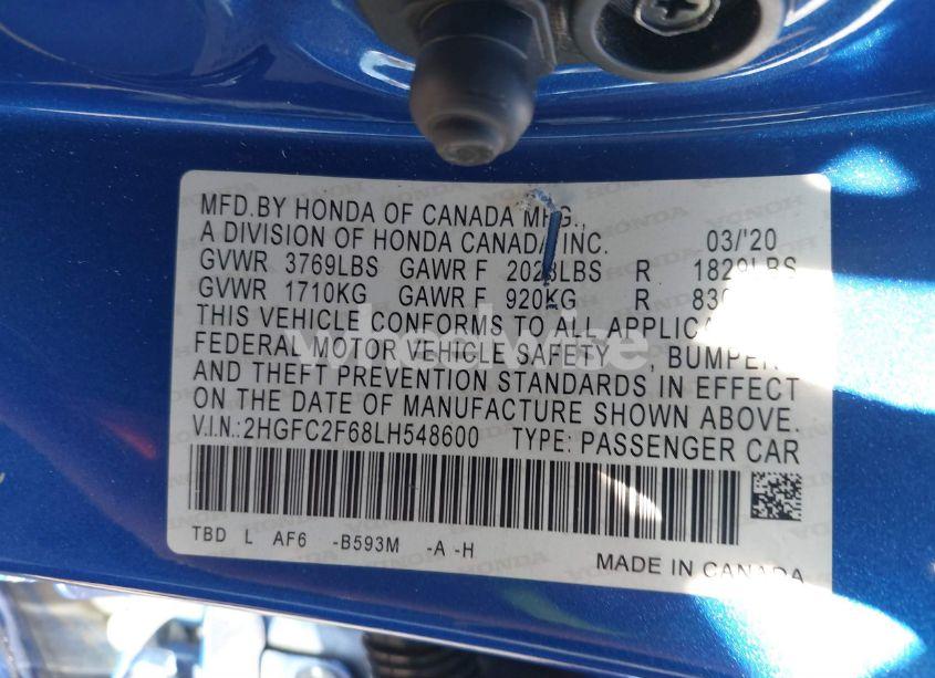 Photo 9 of 2020 Honda Civic LX (VIN 2HGFC2F68LH548600)