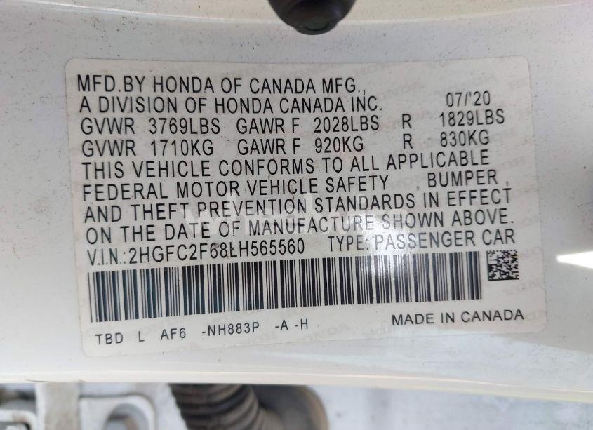 Photo 9 of 2020 Honda Civic LX (VIN 2HGFC2F68LH565560)