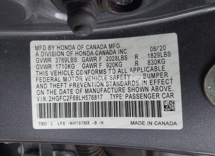 Photo 9 of 2020 Honda Civic LX (VIN 2HGFC2F68LH576817)