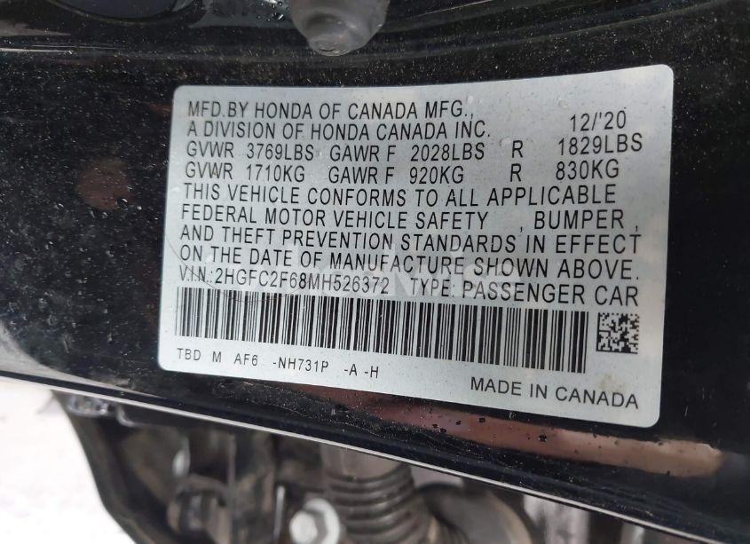 Photo 9 of 2021 Honda Civic LX (VIN 2HGFC2F68MH526372)