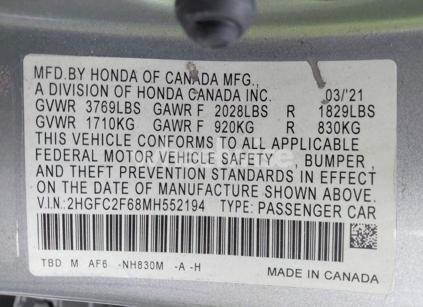 Photo 9 of 2021 Honda Civic LX (VIN 2HGFC2F68MH552194)