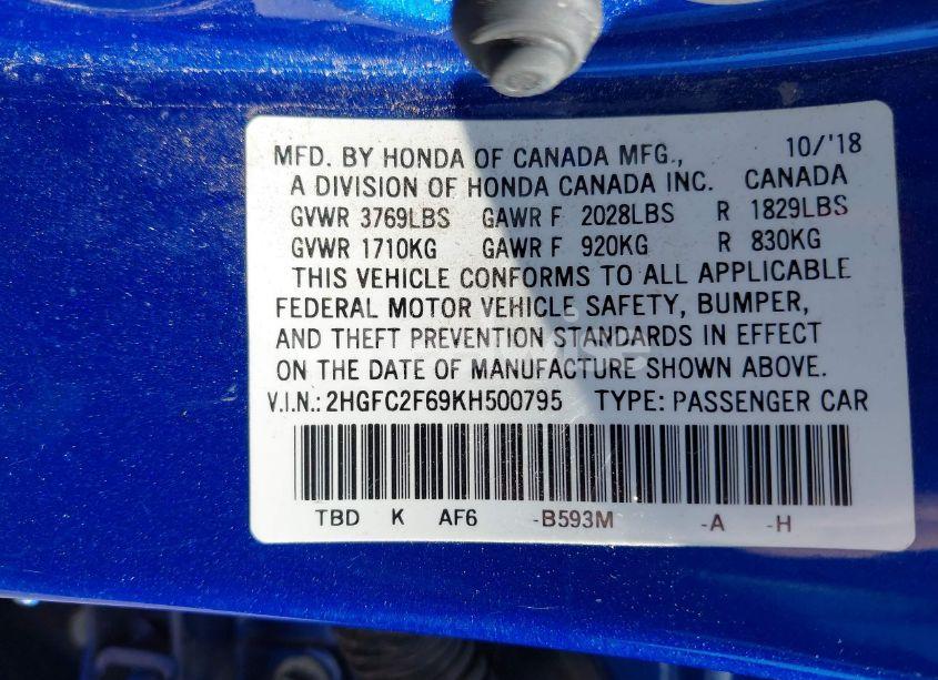 Photo 9 of 2019 Honda Civic LX (VIN 2HGFC2F69KH500795)