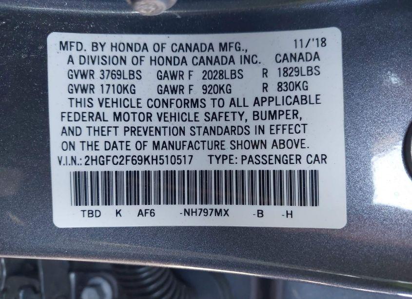 Photo 9 of 2019 Honda Civic LX (VIN 2HGFC2F69KH510517)