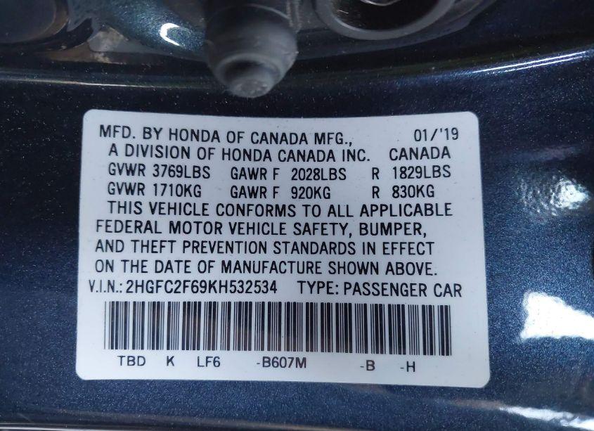 Photo 9 of 2019 Honda Civic LX (VIN 2HGFC2F69KH532534)