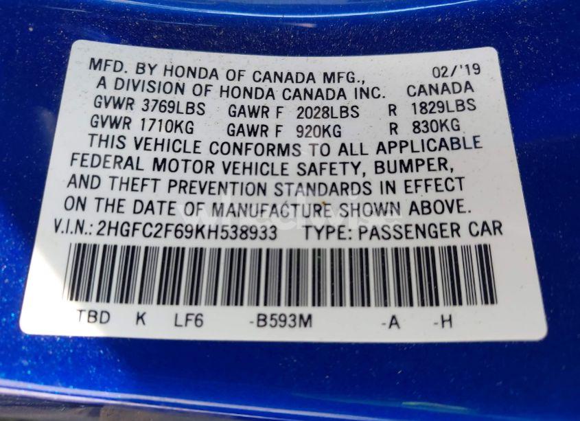 Photo 9 of 2019 Honda Civic LX (VIN 2HGFC2F69KH538933)