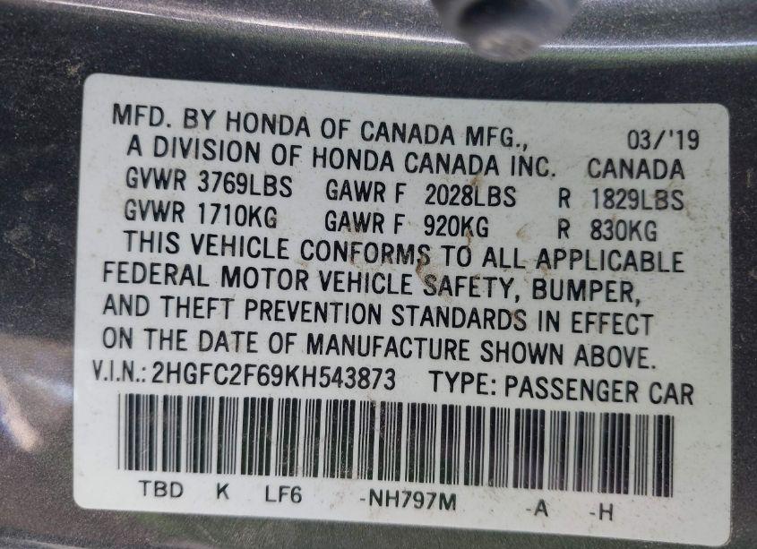 Photo 9 of 2019 Honda Civic LX (VIN 2HGFC2F69KH543873)