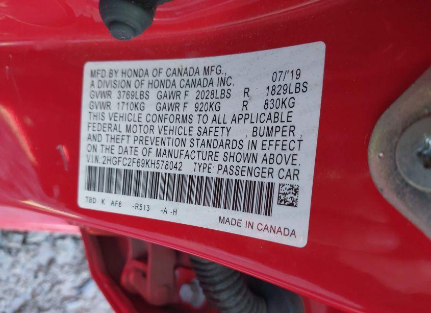 Photo 9 of 2019 Honda Civic LX (VIN 2HGFC2F69KH578042)