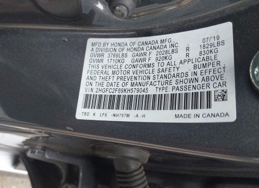 Photo 9 of 2019 Honda Civic LX (VIN 2HGFC2F69KH579045)