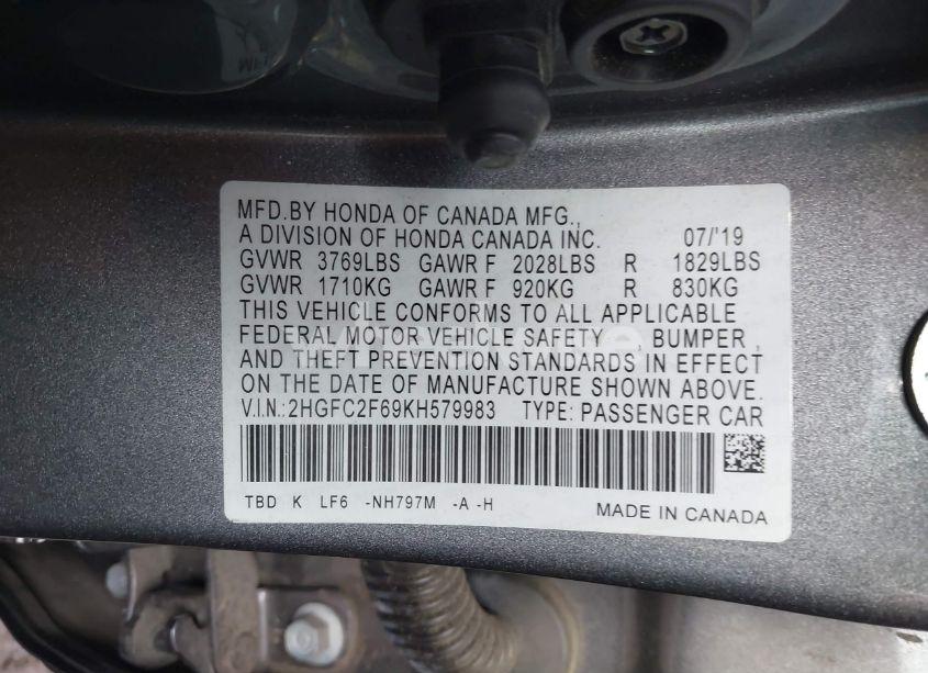 Photo 9 of 2019 Honda Civic LX (VIN 2HGFC2F69KH579983)