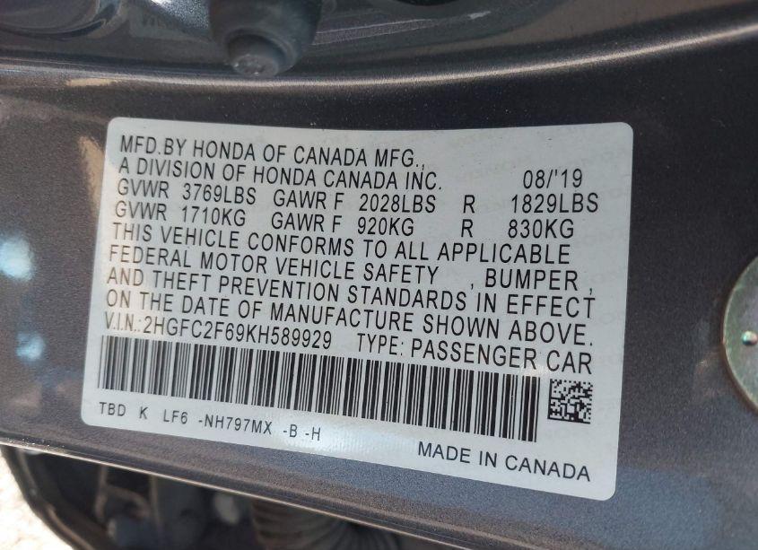 Photo 9 of 2019 Honda Civic LX (VIN 2HGFC2F69KH589929)