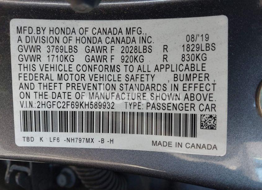 Photo 9 of 2019 Honda Civic LX (VIN 2HGFC2F69KH589932)