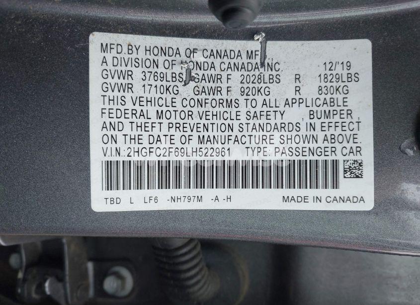 Photo 9 of 2020 Honda Civic LX (VIN 2HGFC2F69LH522961)