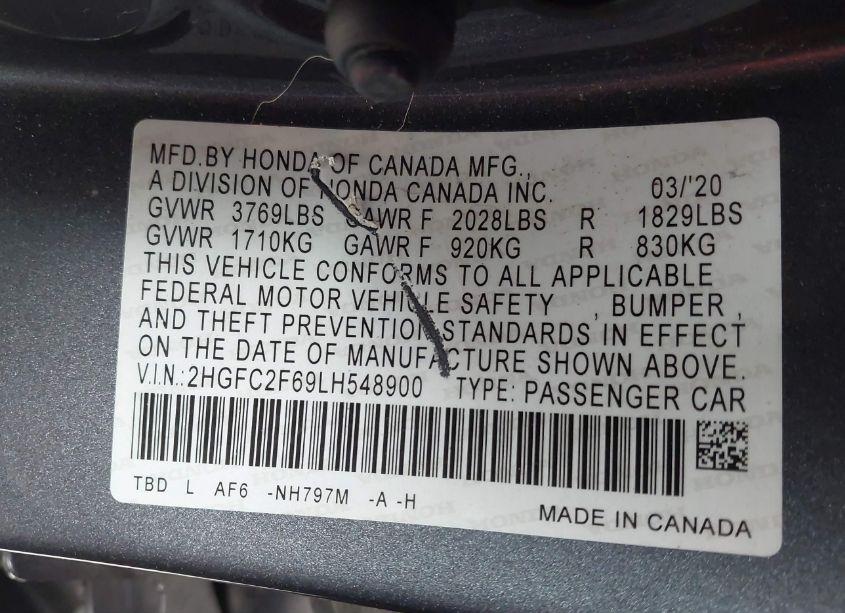 Photo 9 of 2020 Honda Civic LX (VIN 2HGFC2F69LH548900)