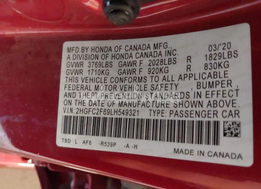 Photo 9 of 2020 Honda Civic LX (VIN 2HGFC2F69LH549321)