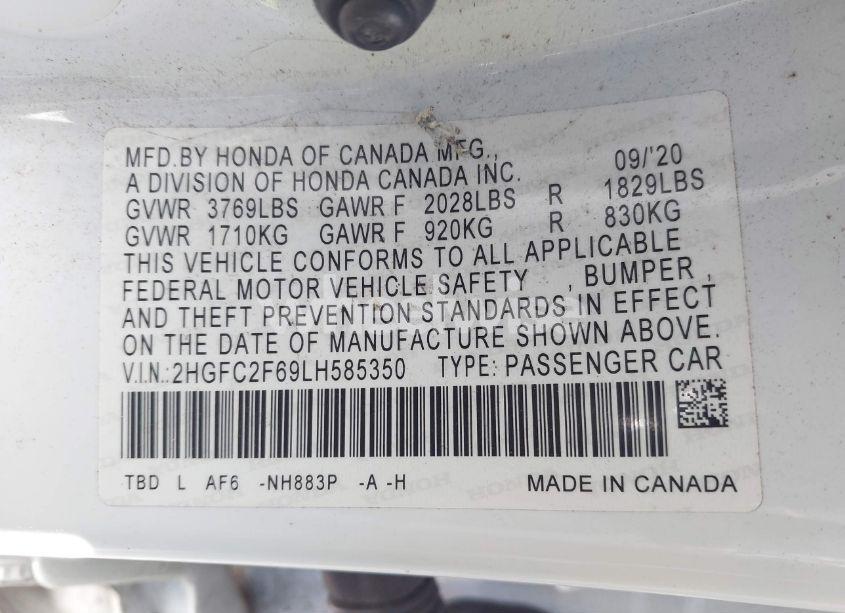 Photo 9 of 2020 Honda Civic LX (VIN 2HGFC2F69LH585350)