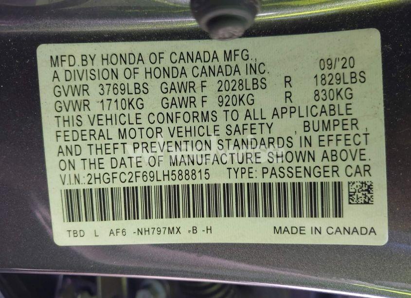 Photo 9 of 2020 Honda Civic LX (VIN 2HGFC2F69LH588815)