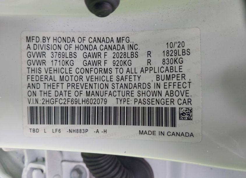 Photo 9 of 2020 Honda Civic LX (VIN 2HGFC2F69LH602079)