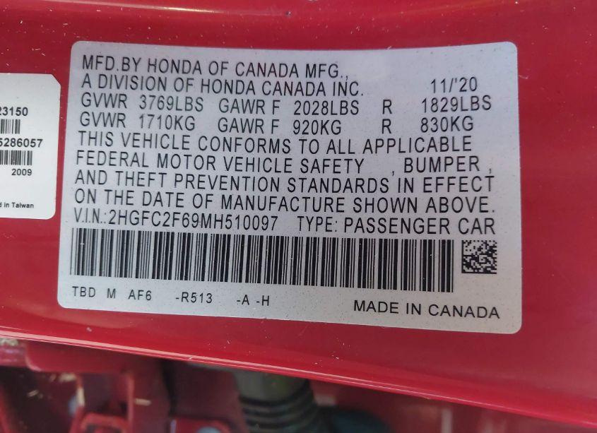 Photo 9 of 2021 Honda Civic LX (VIN 2HGFC2F69MH510097)