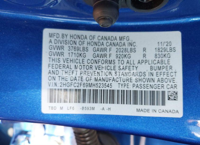 Photo 9 of 2021 Honda Civic LX (VIN 2HGFC2F69MH523545)