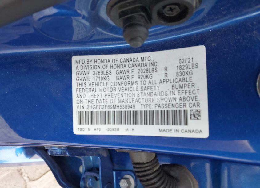 Photo 9 of 2021 Honda Civic LX (VIN 2HGFC2F69MH538949)