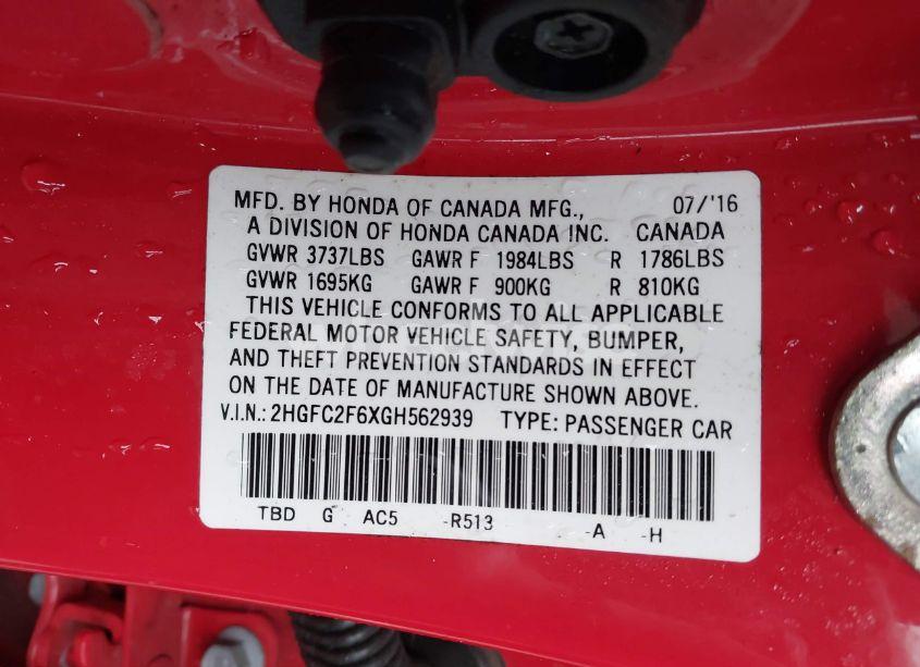 Photo 9 of 2016 Honda Civic LX (VIN 2HGFC2F6XGH562939)