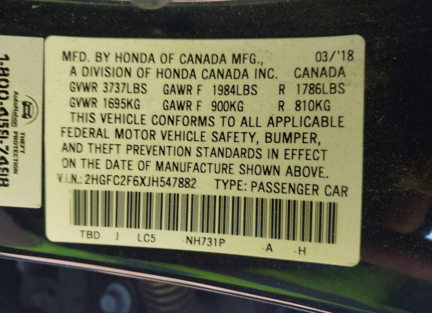 Photo 9 of 2018 Honda Civic LX (VIN 2HGFC2F6XJH547882)