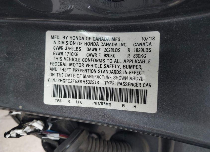 Photo 9 of 2019 Honda Civic LX (VIN 2HGFC2F6XKH502913)