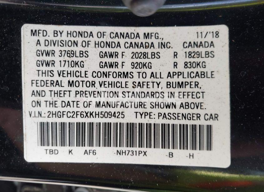 Photo 9 of 2019 Honda Civic LX (VIN 2HGFC2F6XKH509425)