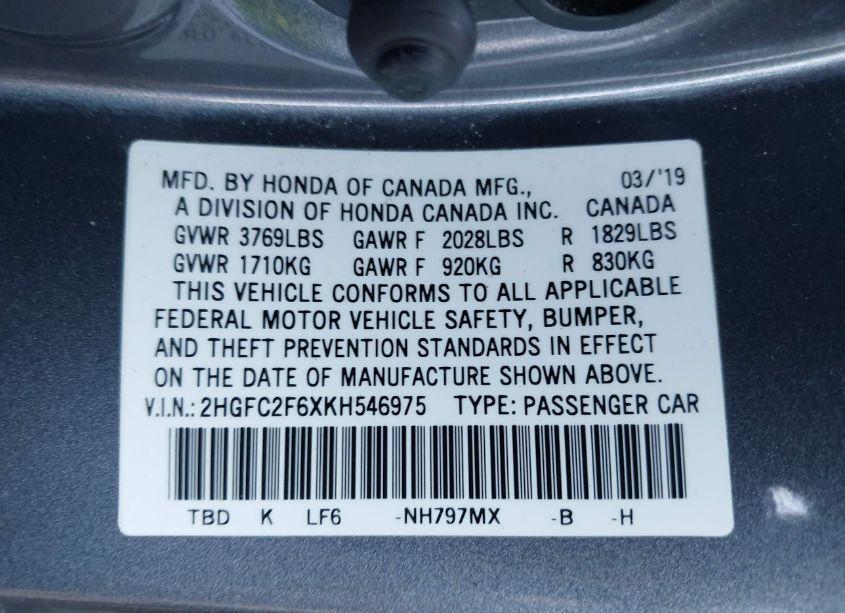 Photo 9 of 2019 Honda Civic LX (VIN 2HGFC2F6XKH546975)