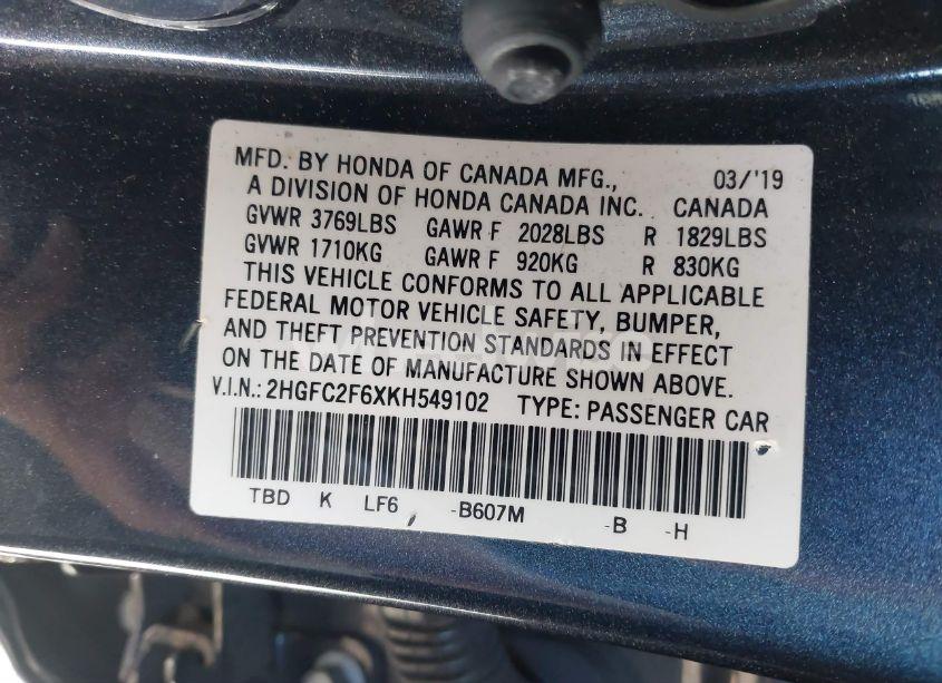 Photo 9 of 2019 Honda Civic LX (VIN 2HGFC2F6XKH549102)