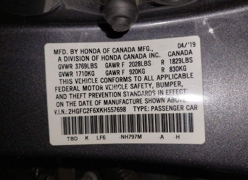 Photo 9 of 2019 Honda Civic LX (VIN 2HGFC2F6XKH557698)