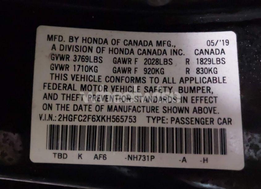 Photo 9 of 2019 Honda Civic LX (VIN 2HGFC2F6XKH565753)