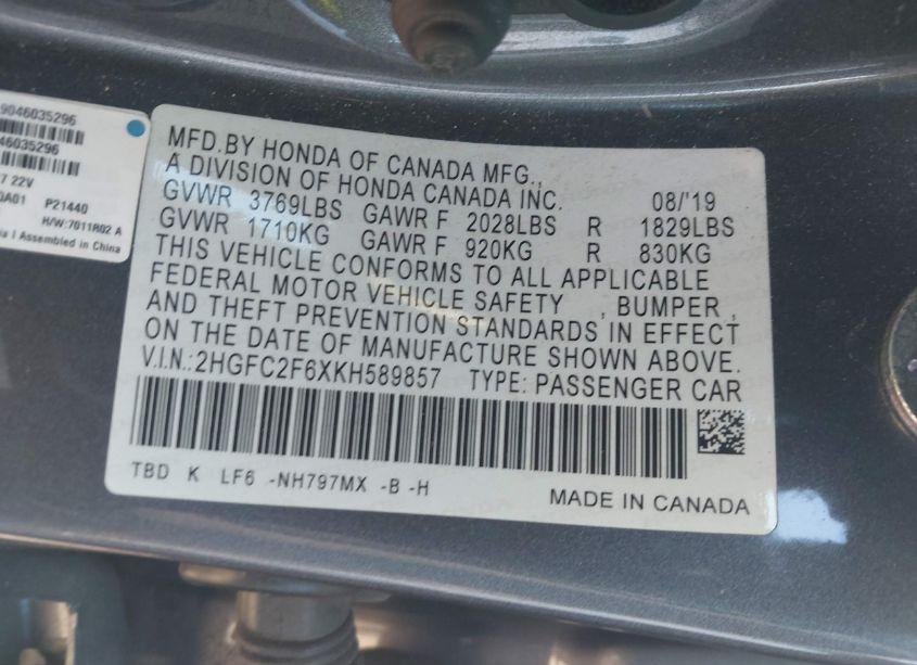 Photo 9 of 2019 Honda Civic LX (VIN 2HGFC2F6XKH589857)