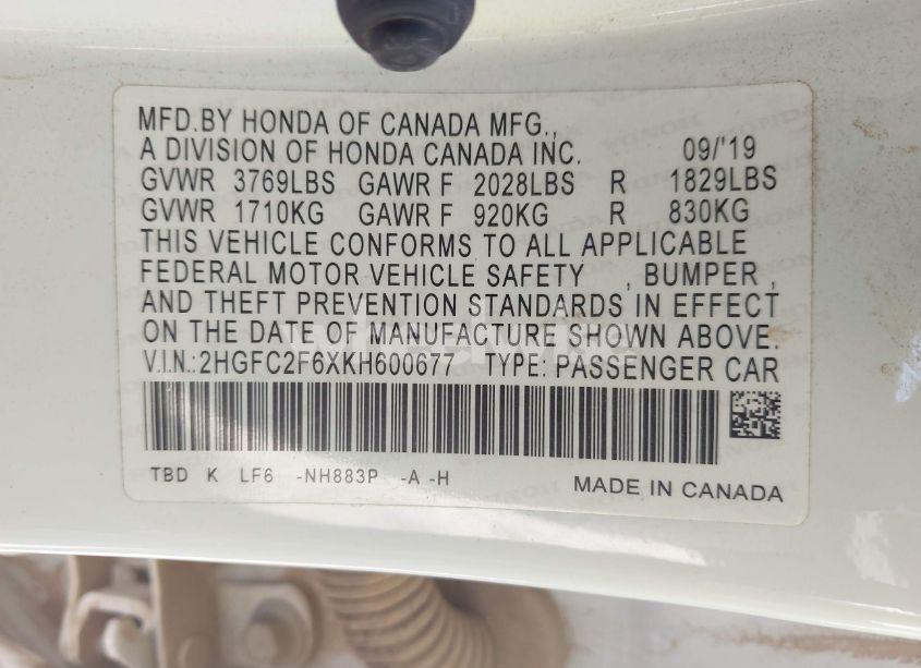 Photo 9 of 2019 Honda Civic LX (VIN 2HGFC2F6XKH600677)