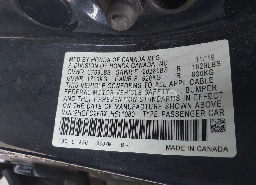 Photo 9 of 2020 Honda Civic LX (VIN 2HGFC2F6XLH511080)