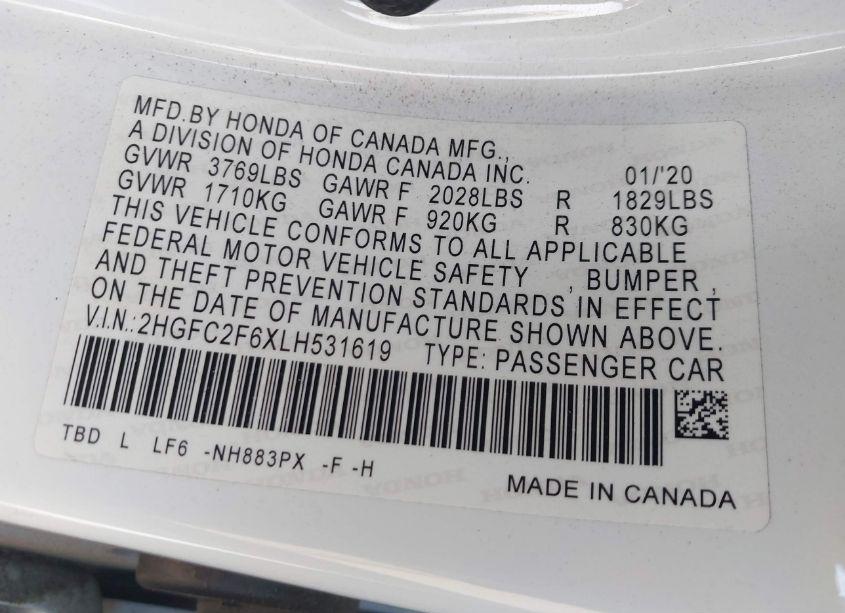 Photo 9 of 2020 Honda Civic LX (VIN 2HGFC2F6XLH531619)