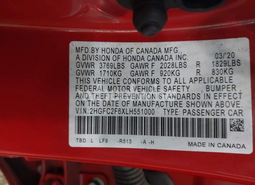 Photo 9 of 2020 Honda Civic LX (VIN 2HGFC2F6XLH551000)