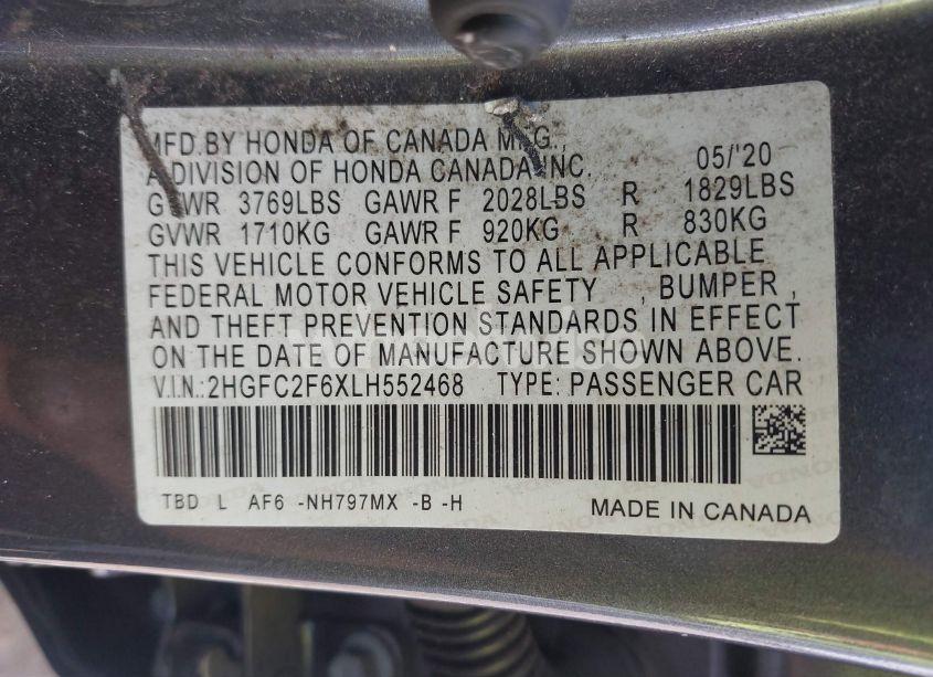 Photo 9 of 2020 Honda Civic LX (VIN 2HGFC2F6XLH552468)