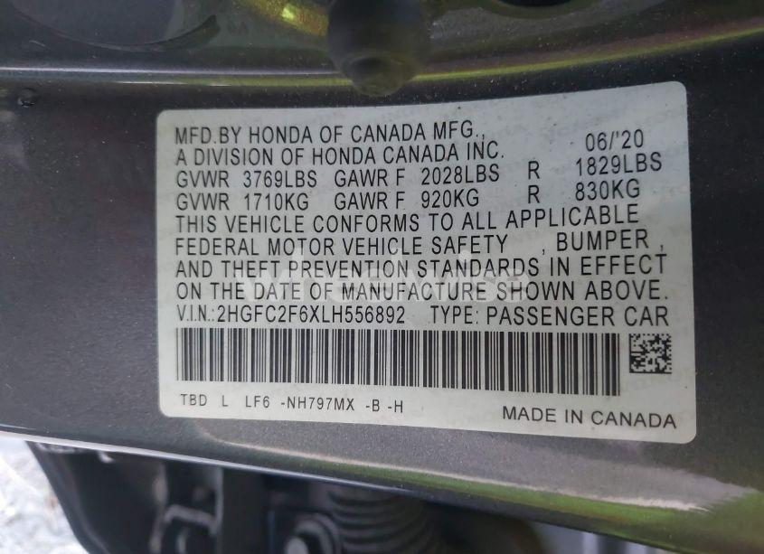 Photo 9 of 2020 Honda Civic LX (VIN 2HGFC2F6XLH556892)