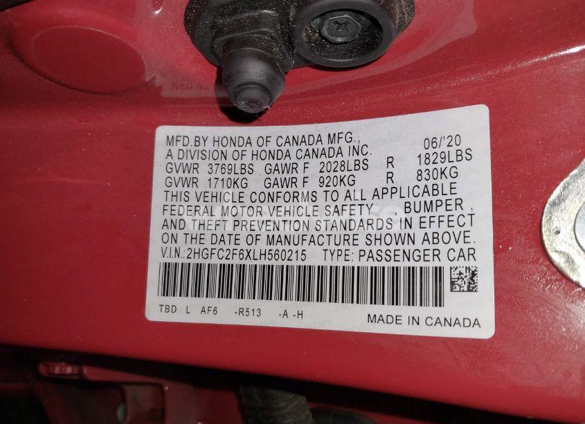 Photo 9 of 2020 Honda Civic LX (VIN 2HGFC2F6XLH560215)