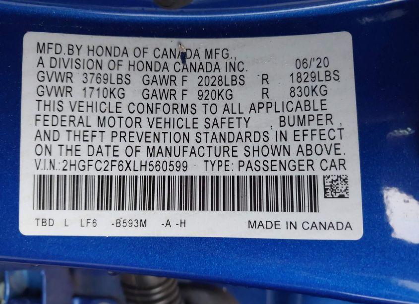 Photo 9 of 2020 Honda Civic LX (VIN 2HGFC2F6XLH560599)