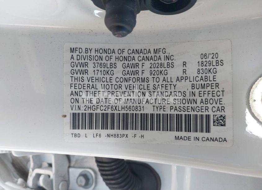 Photo 9 of 2020 Honda Civic LX (VIN 2HGFC2F6XLH560831)